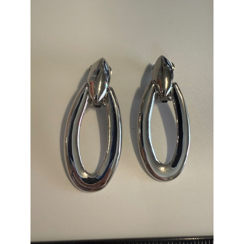 Vintage Silver Tone Door Knocker Clip On Earrings Chunky Oval Statement‎ Retro